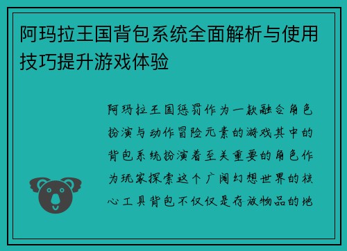 阿玛拉王国背包系统全面解析与使用技巧提升游戏体验
